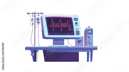 A vector illustration depicting a medical monitoring system.  The illustration shows a computer monitor displaying a heartbeat waveform, alongside what appears to be a central processing unit and