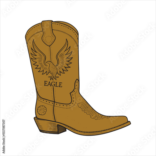 Western Cowboy Boot with Eagle Emblem – Black and White Line Art Vector for Tracing or Coloring


