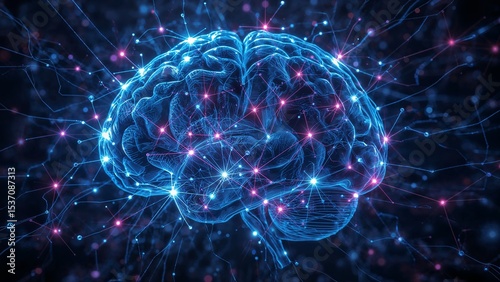Detailed 3d model of a human brain with neural pathways.