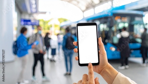 Smartphone with Blank Screen in Focus at a Transit or Transport Hub