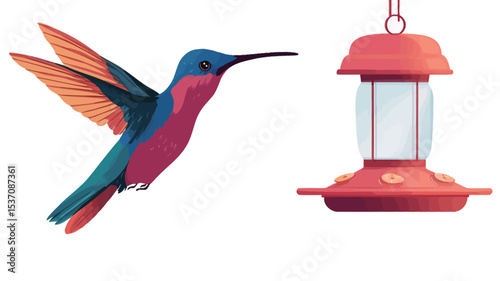 A digital illustration featuring a vibrant hummingbird in flight approaching a red hummingbird feeder.  The hummingbird is depicted with detailed plumage showcasing blue, green, red