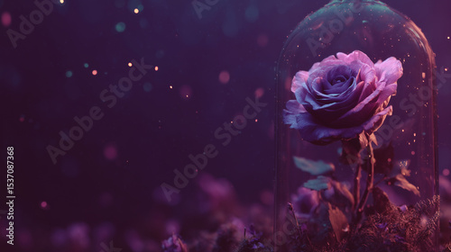 enchanted purple rose in glass dome with glowing particles, perfect for fantasy book covers, romantic greeting cards, or magical themed design projects, copy text