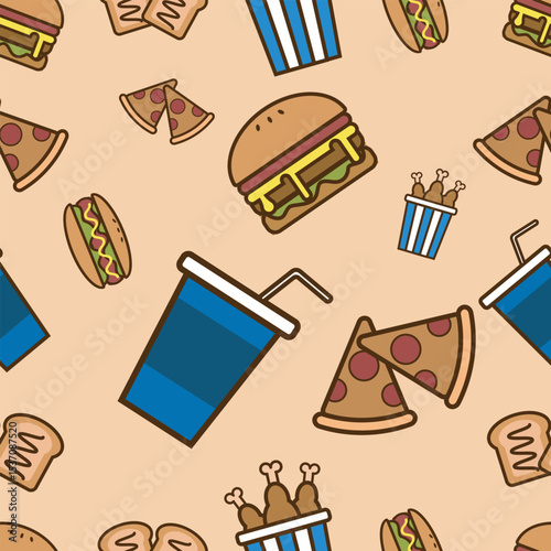 A mouth watering patterns featuring illustration of popular food items like hamburgers, pizzas, bread, and drink’s, perfect for packaging materials , gifts warp, food related design, food wrap.