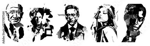 Vector Dramatic monochrome portraits of five individuals in a bold vector style.