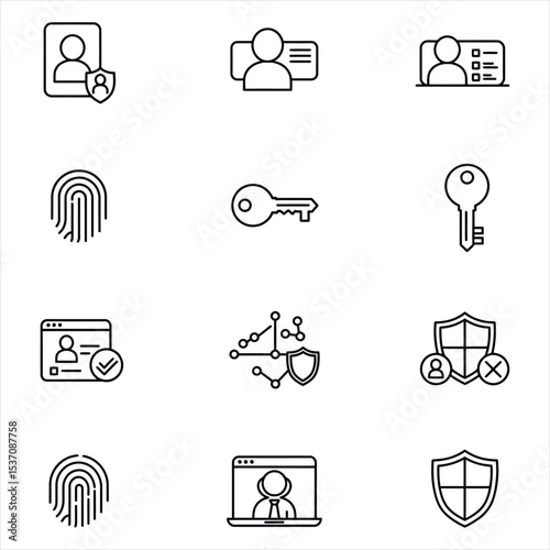 Twelve Black and White Line Icons Depicting Security and Identity Verification Methods Including User Profiles Keys Fingerprints and Shields Vector Icons for Business, Web, UI/UX, and Design Projec