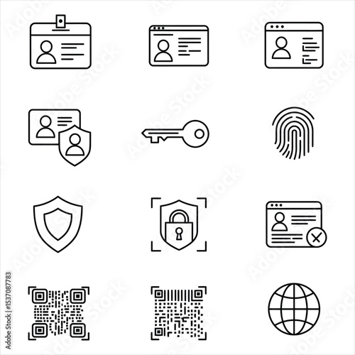 Twelve Black and White Security Icons Set Identity Cards Key Fingerprint Shield Lock Q R Code Globe Profile Webpage Access Denied Vector Icons for Business, Web, UI/UX, and Design Projects