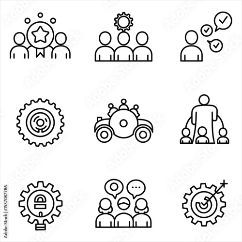 Nine Black Line Icons Teamwork Collaboration Achievement Goals Strategy Security Communication Success People Group Vector Icons for Business, Web, UI/UX, and Design Projects