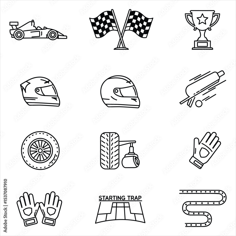 Naklejka premium Black and White Line Art Icons Set Formula One Racing Car Helmet Gloves Trophy Checkered Flag Tire Starting Trap Race Track Vector Icons for Business, Web, UI/UX, and Design Projects