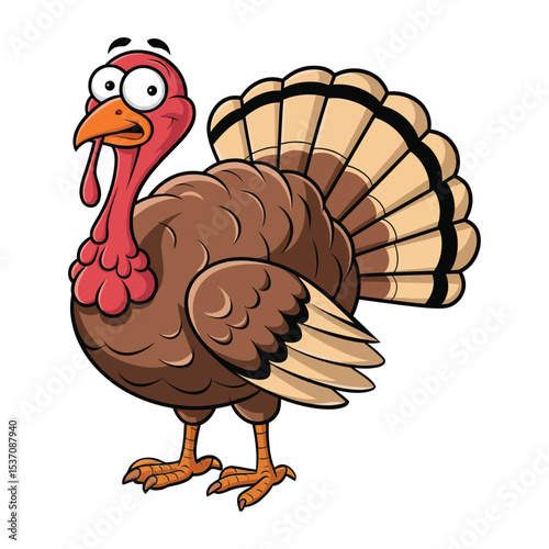 A comical cartoon turkey with a round, brown body and large, expressive eyes.