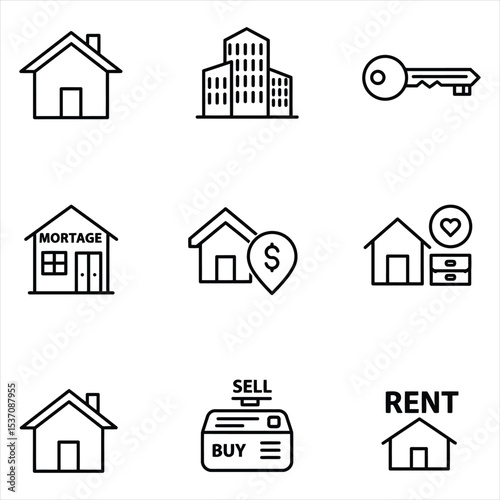 Nine Black and White Real Estate Icons House Building Key Mortgage Sale Rent Home Purchase Love vector Vector Icons for Business, Web, UI/UX, and Design Projects