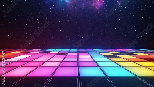 A vibrant, colorful dance floor under a starry night sky