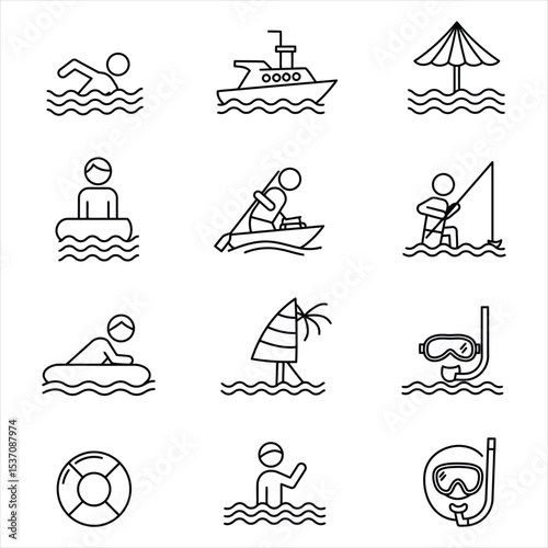 Nine Black Line Icons Depicting Water Activities Boat Swimming Snorkeling and More on White Background Vector Icons for Business, Web, UI/UX, and Design Projects