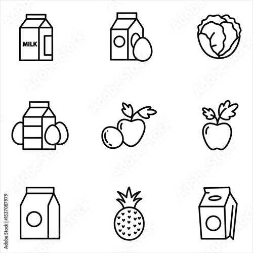 Nine Black and White Line Drawings of Food and Drink Items Including Milk Cartons Eggs Apples Pineapple and Cabbage Vector Icons for Business, Web, UI/UX, and Design Projects