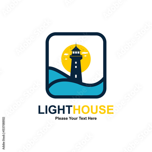 Lighthouse logo with sun and waves. Ideal for travel, marine, or guiding services.