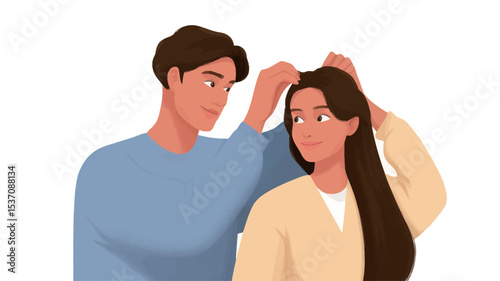 A digital illustration depicting a young man and woman. The man is gently touching the woman's hair.  Both individuals are smiling.  The style is cartoon-like, with flat shading and minimal detail.