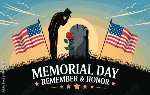 Memorial Day Salute at Graveyard with Flags Remember and Honor Graphic, Veteran Saluting Headstone Memorial Day Illustration Patriotic Tribute Art, Memorial Day Tribute Illustration with American Flag