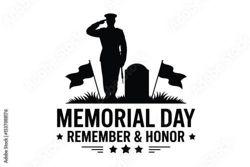 Memorial Day Salute at Graveyard with Flags Remember and Honor Graphic, Veteran Saluting Headstone Memorial Day Illustration Patriotic Tribute Art, Memorial Day Tribute Illustration with American Flag