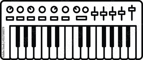 Musical Synthesizer Icon: A detailed black and white vector illustration of a digital synthesizer, highlighting its keys, knobs, and faders, representing the intersection of technology and creativity