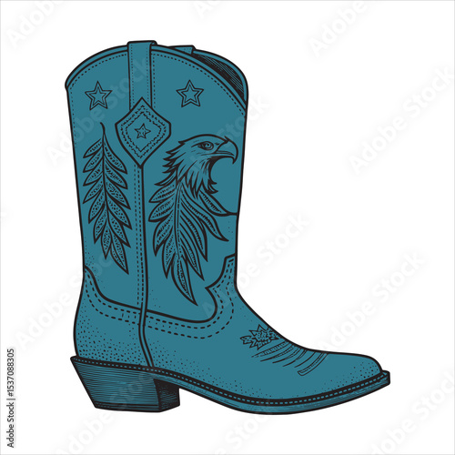 Western Cowboy Boot with Eagle Emblem – Black and White Line Art Vector for Tracing or Coloring

