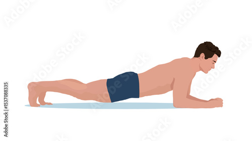 Illustration of a man performing a plank exercise. The image is a vector graphic with a flat design style.  The man is depicted from the side, shirtless, wearing dark blue swim trunks, in a forearm