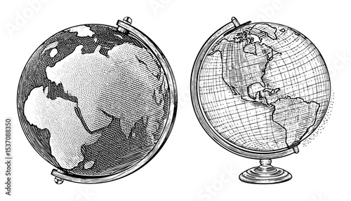 Vector Vintage terrestrial globes showcase detailed cartography and classic .