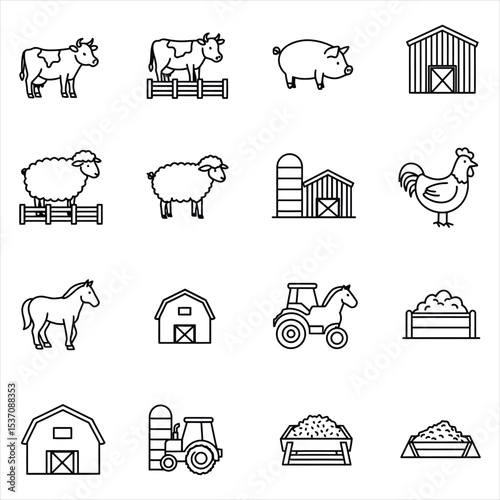 Farm Animals Icons Set Black and White Line Art Cow Pig Sheep Horse Chicken Barn Tractor Hay Feeders Silos Vector Icons for Business, Web, UI/UX, and Design Projects