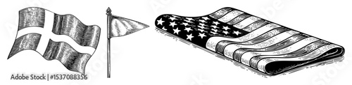 Vector Vintage American flags are depicted in waving and draped arrangements.