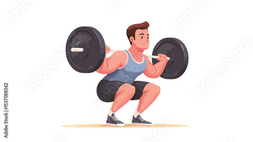 A digital illustration depicts a man performing a barbell squat.  The style is cartoonish or vector-based, with clean lines and flat shading. The man is depicted from the knees up, facing forward,