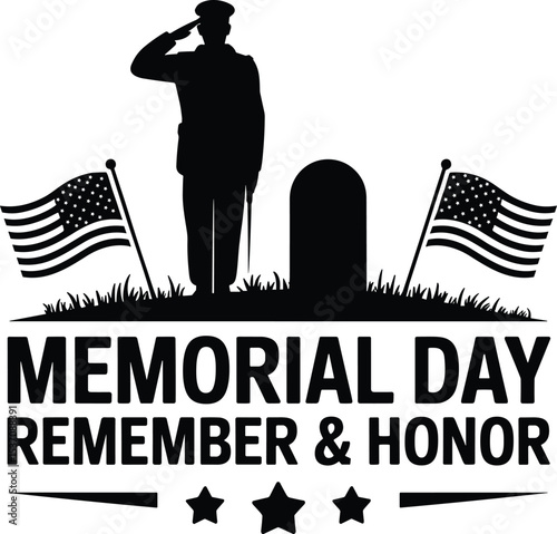 Memorial Day Salute at Graveyard with Flags Remember and Honor Graphic, Veteran Saluting Headstone Memorial Day Illustration Patriotic Tribute Art, Memorial Day Tribute Illustration with American Flag