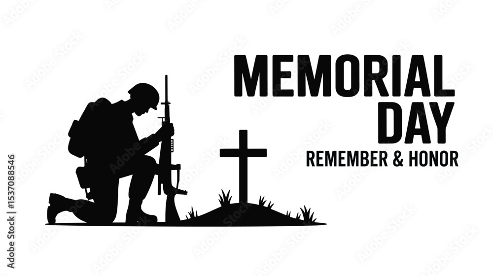 Obraz premium Memorial Day Soldier Tribute Silhouette Remember and Honor Design, Veteran Remembrance Illustration Military Grave Respect Artwork, Memorial Day Soldier Grave Tribute Illustration, Remember and Honor.