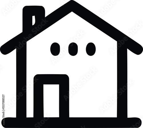Simplified House Silhouette: A minimalist house silhouette featuring a roof, chimney, windows, and door. Clean lines, perfect for concepts like home, property, and real estate.