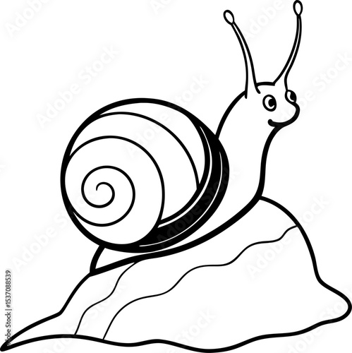 Cartoon illustration of a smiling snail on a leaf in black and white design for coloring books and educational resources