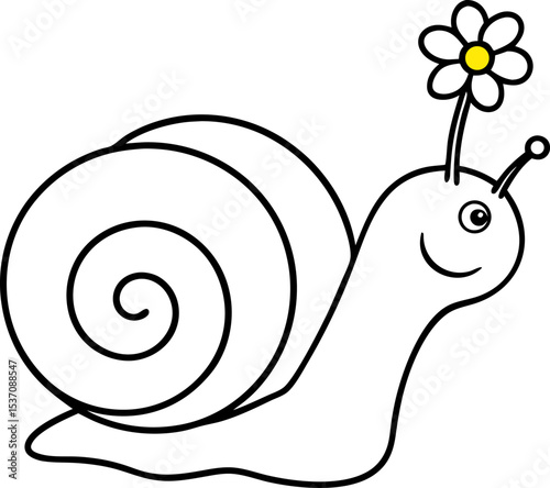Cartoon snail with flower adorable smiling insect illustration for childrens books and educational materials simple black and white line art