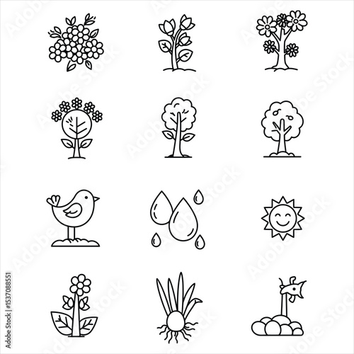 Nine Black Line Drawings of Flowers Trees Bird Sun and Water Drops Simple Nature Icons Set vector Vector Icons for Business, Web, UI/UX, and Design Projects