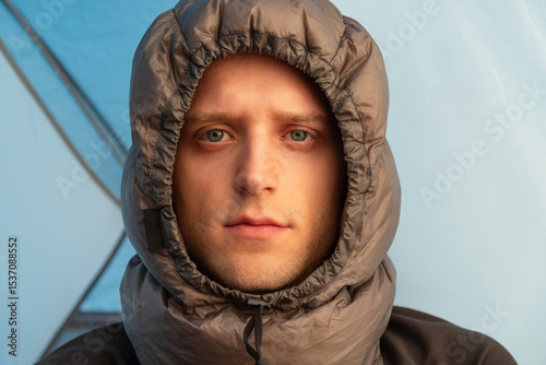 Close-up portrait of man wearing a down sleeping hood inside a camping tent