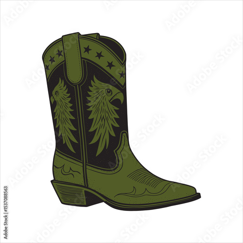 Western Cowboy Boot with Eagle Emblem – Black and White Line Art Vector for Tracing or Coloring

