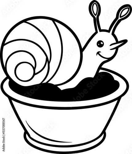 Cute cartoon snail resting in a bowl illustration a playful black and white graphic for childrens designs