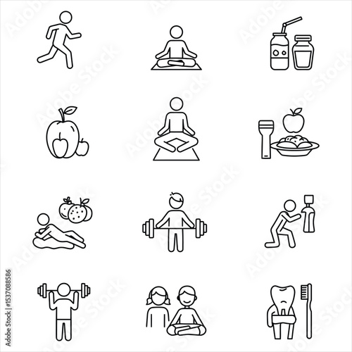 Nine Black Line Icons Depicting Healthy Lifestyle Activities Including Running Yoga Weightlifting Healthy Eating and Dental Hygiene Vector Icons for Business, Web, UI/UX, and Design Projects