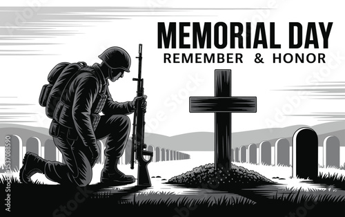 Memorial Day Soldier Tribute Silhouette Remember and Honor Design, Veteran Remembrance Illustration Military Grave Respect Artwork, Memorial Day Soldier Grave Tribute Illustration, Remember and Honor.