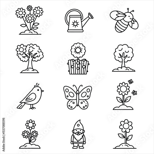 Garden Icons Set Black Line Art Flowers Trees Bee Butterfly Bird Gnome Watering Can Plant Pot vector Vector Icons for Business, Web, UI/UX, and Design Projects