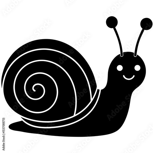 Simple black and white cartoon snail illustration on white background depicting animal nature wildlife and cute insect imagery