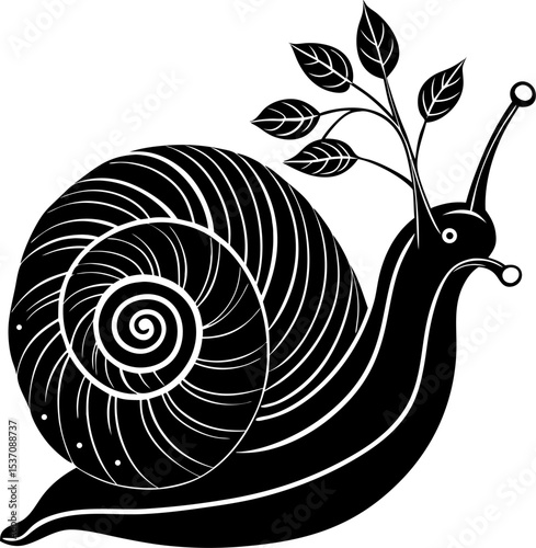 Stylized black and white snail illustration with leaves and elegant minimalist design for decorative or nature-themed concepts