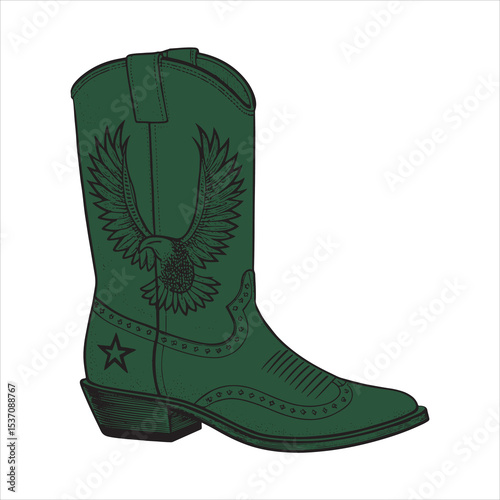 Western Cowboy Boot with Eagle Emblem – Black and White Line Art Vector for Tracing or Coloring

