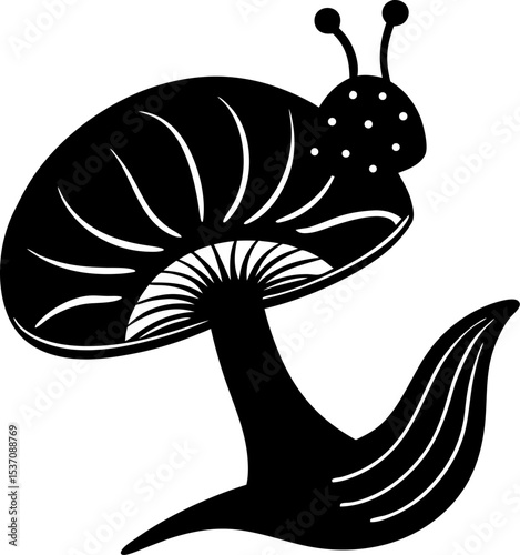 Whimsical black and white illustration of a fantasy snail riding a giant mushroom conceptualizing magical nature and playful design elements