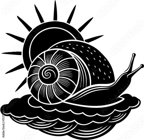 Stylized black and white snail with sun and cloud icon artwork for nature and illustration designs