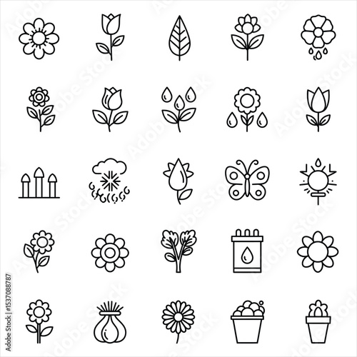 Black and White Line Art Garden Icons Set Flowers Tulips Leaves Butterfly Watering Can Fence Potted Plants Vector Icons for Business, Web, UI/UX, and Design Projects