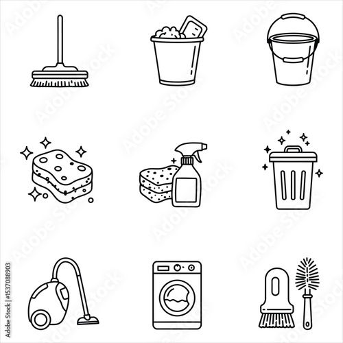 Cleaning Supplies Icons Set Broom Bucket Sponge Spray Bottle Trash Can Vacuum Cleaner Washing Machine Brush Black Line Art Vector Icons for Business, Web, UI/UX, and Design Projects