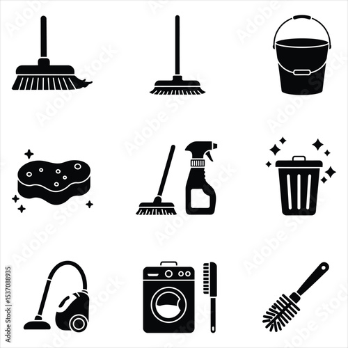 Black and White Cleaning Icons Set Broom Bucket Sponge Spray Bottle Vacuum Cleaner Washing Machine Brush Cleaning Supplies Household Chores Vector Icons for Business, Web, UI/UX, and Design Project