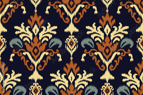 Traditional navy blue ikat floral pattern with damask and embroidery details, abstract ethnic seamless background illustration for fabric, clothing, decoration, and textured textile design.