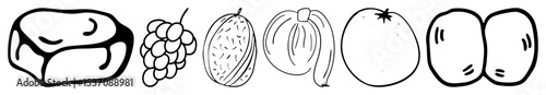 Vector Assorted fresh produce illustrations including ham grapes melon banana and eggplant.